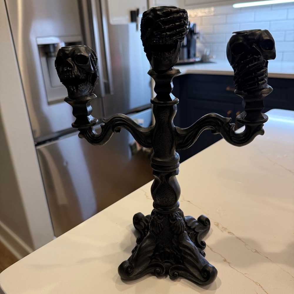 Gothic Spooky Skull Candelabra 3 Arm See Hear Speak No Evil Halloween Decor